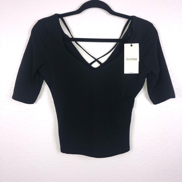 Bershka Tops - New Bershka Black Ribbed V Neck Crop Top